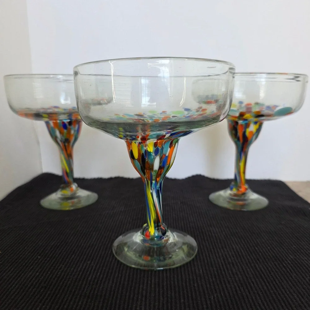 Set of 3 Hand Blown Mexican Margarita Glasses with Colorful Confetti Swirl Stems
